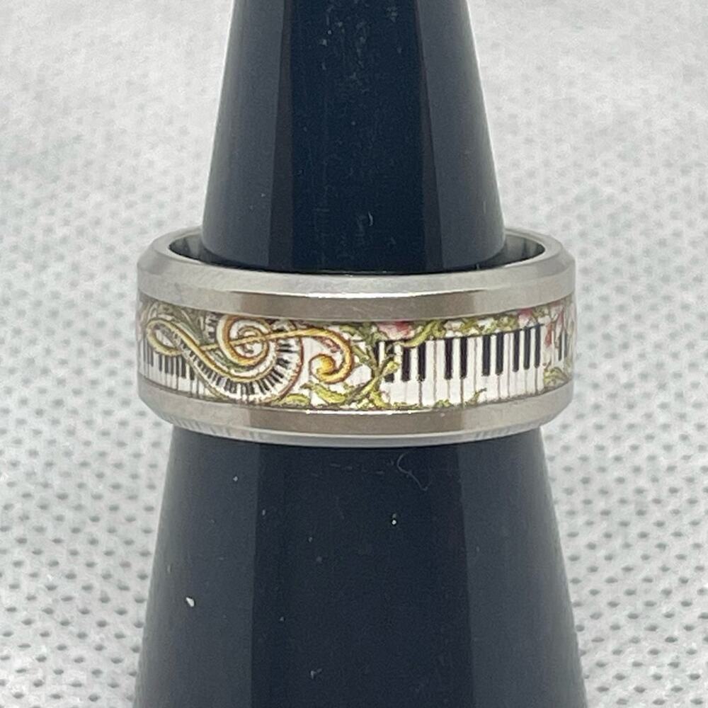 Music Lover Floral Keyboard Piano Treble Clef Stainless Steel Band Ring Size 7.5 - Picture 3 of 8